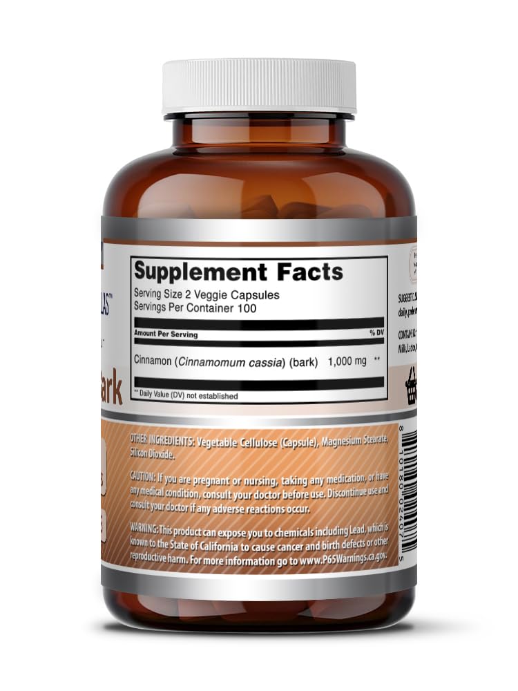 Cinnamon Bark Supplement 1000 Mg 200 Veggie Capsules E427
