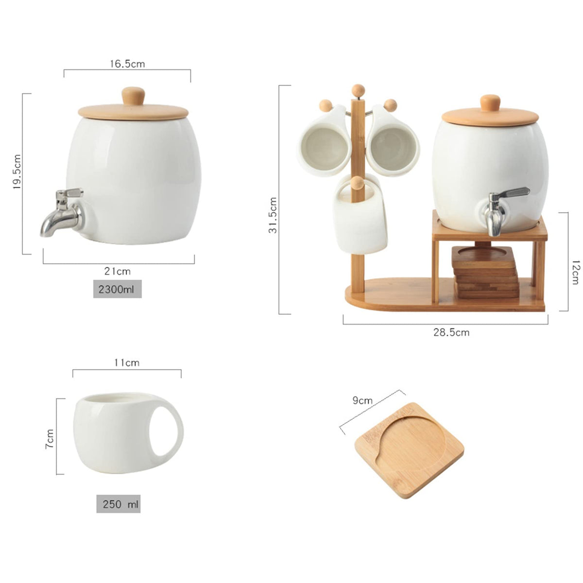 Porcelain Ceramic Crock Water Dispenser with 4 Mugs F87751