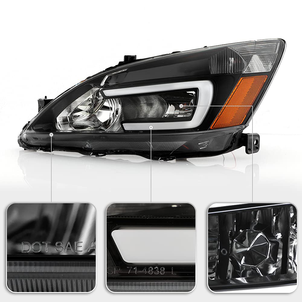 For 2003-2007 Honda Accord Black Housing LED Tube Headlights Assembly Pair Set B11349