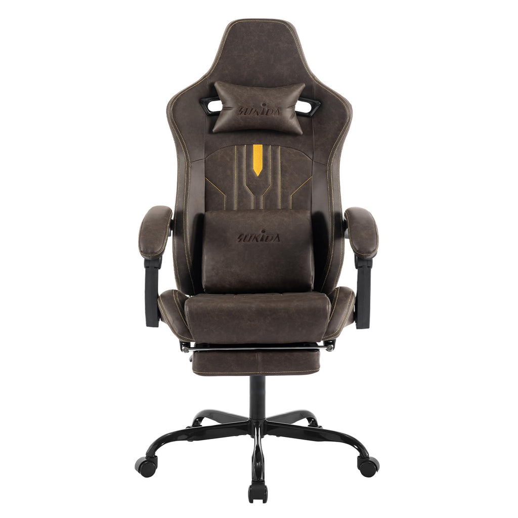 Brown Ergonomic Gaming Chair with Footrest and Massage Lumbar Cushion T3876