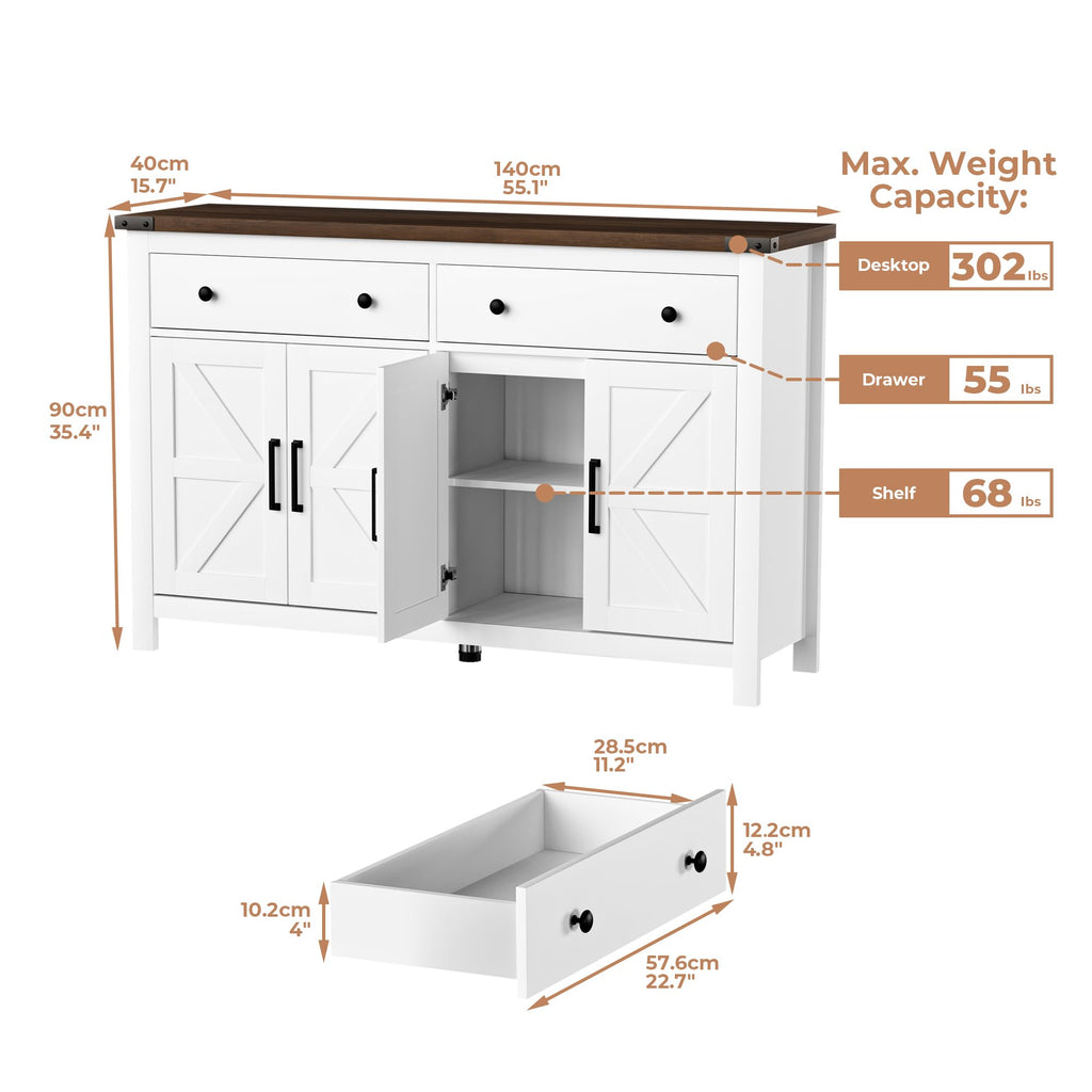 White Wood Buffet Cabinet with 2 Drawers and 4 Barn Doors U6383