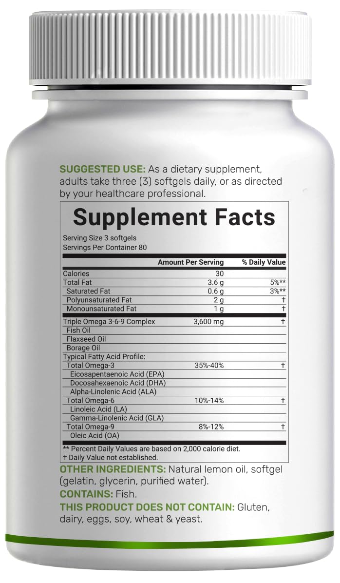 Omega 3-6-9 Fish Oil 3,600mg 240 Softgels Lemon Flavored M2059