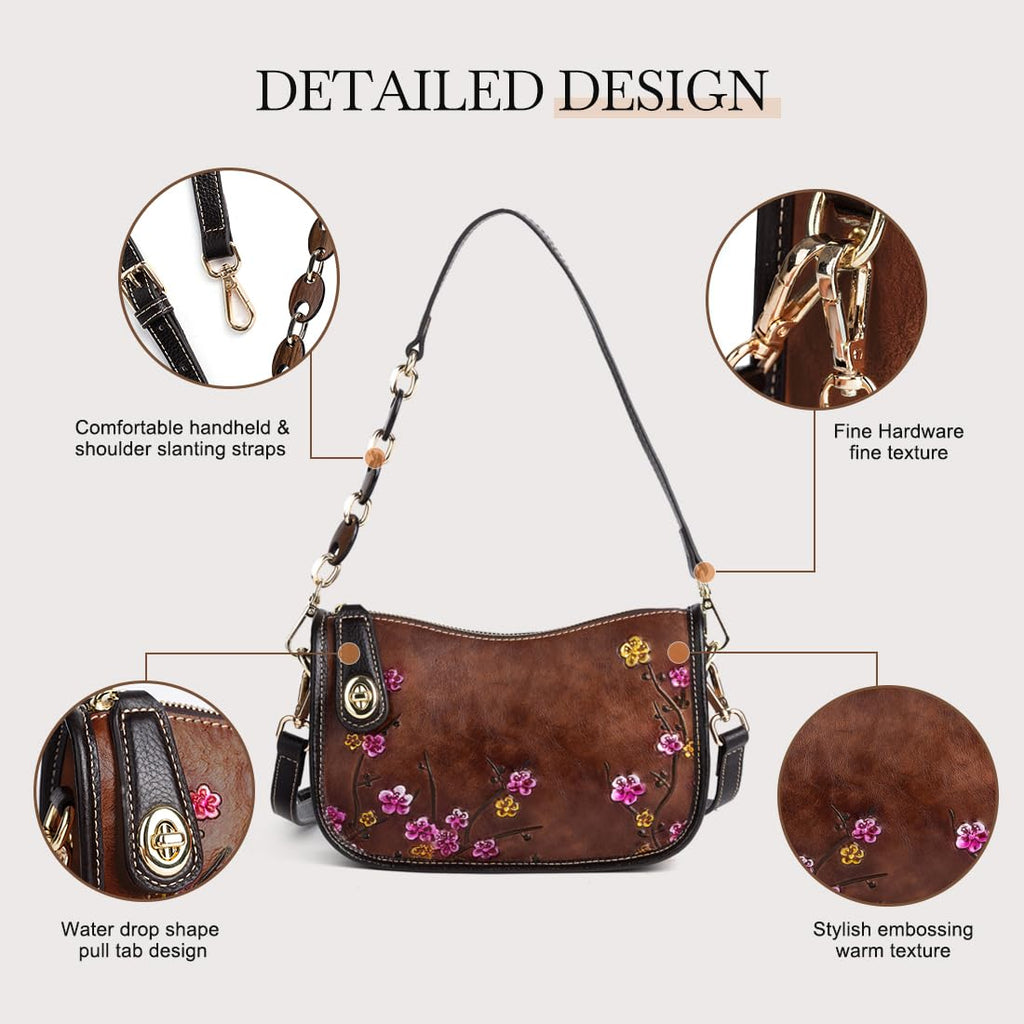 Genuine Leather Flower Embossed Shoulder Bag J7077