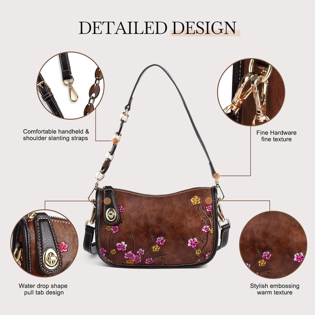 Genuine Leather Flower Embossed Shoulder Bag J7077