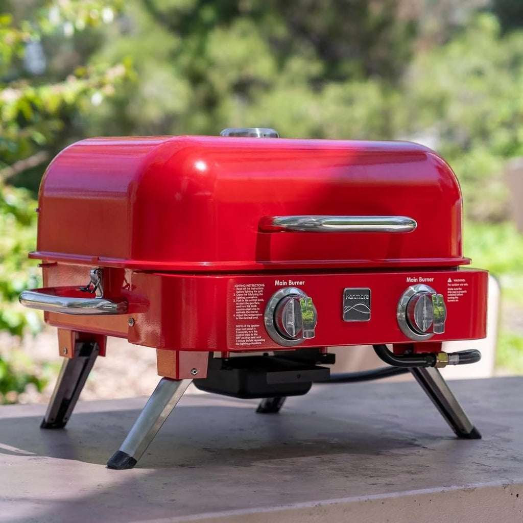 Portable Propane Gas Grill with Warming Rack, 2 Stainless Steel Burners, 14,000 BTUs, Red E7580