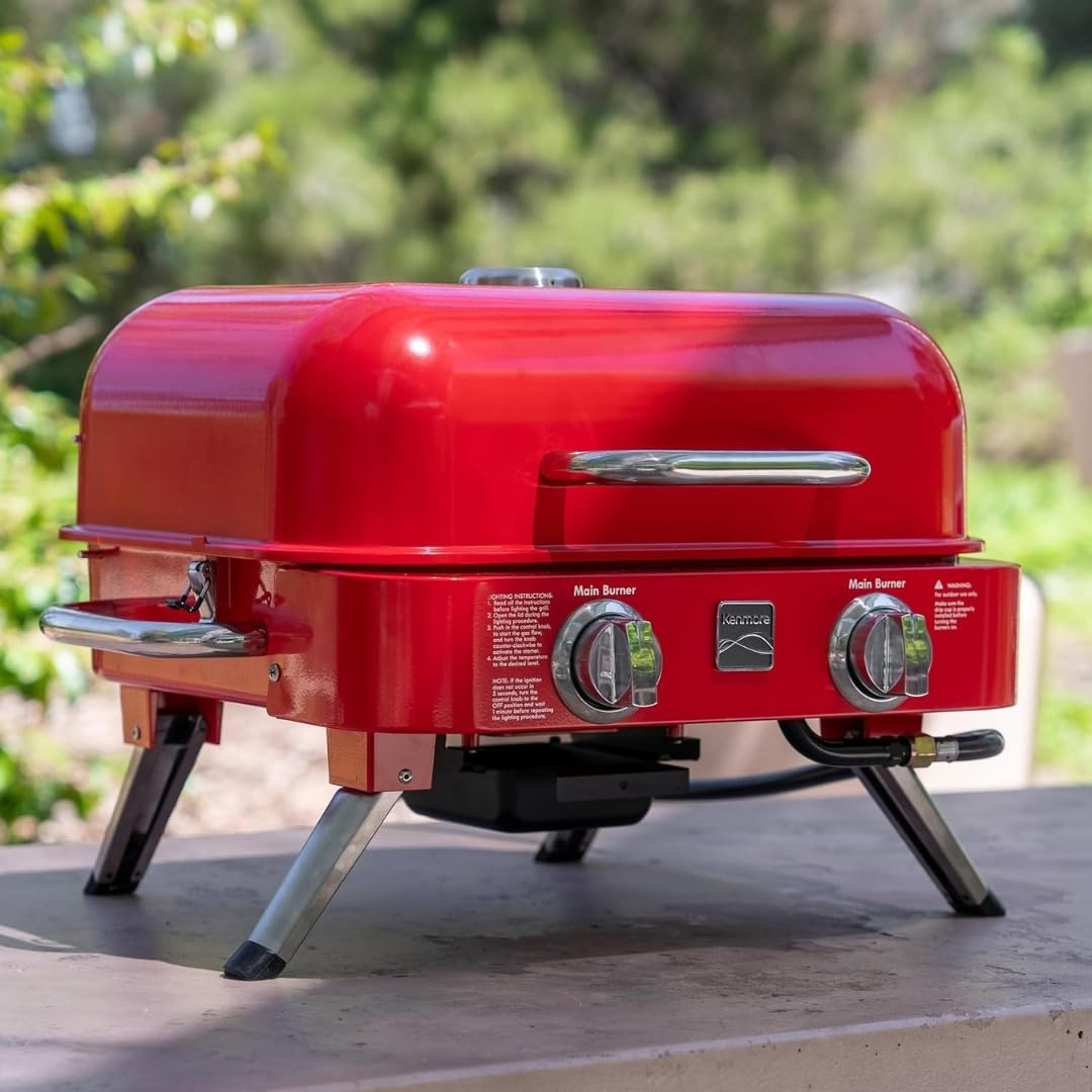 Portable Propane Gas Grill with Warming Rack, 2 Stainless Steel Burners, 14,000 BTUs, Red E7580