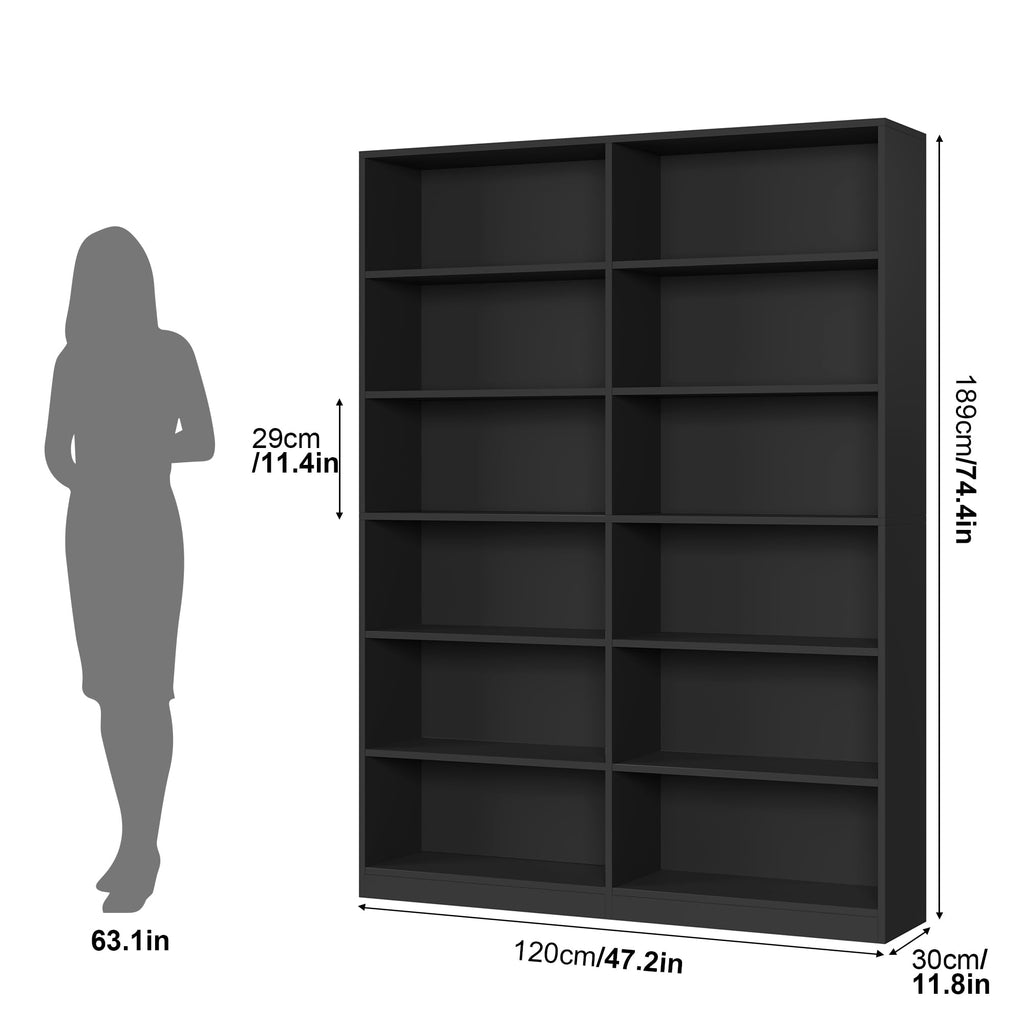 Black 6-Tier Double Wide Bookshelf T731345