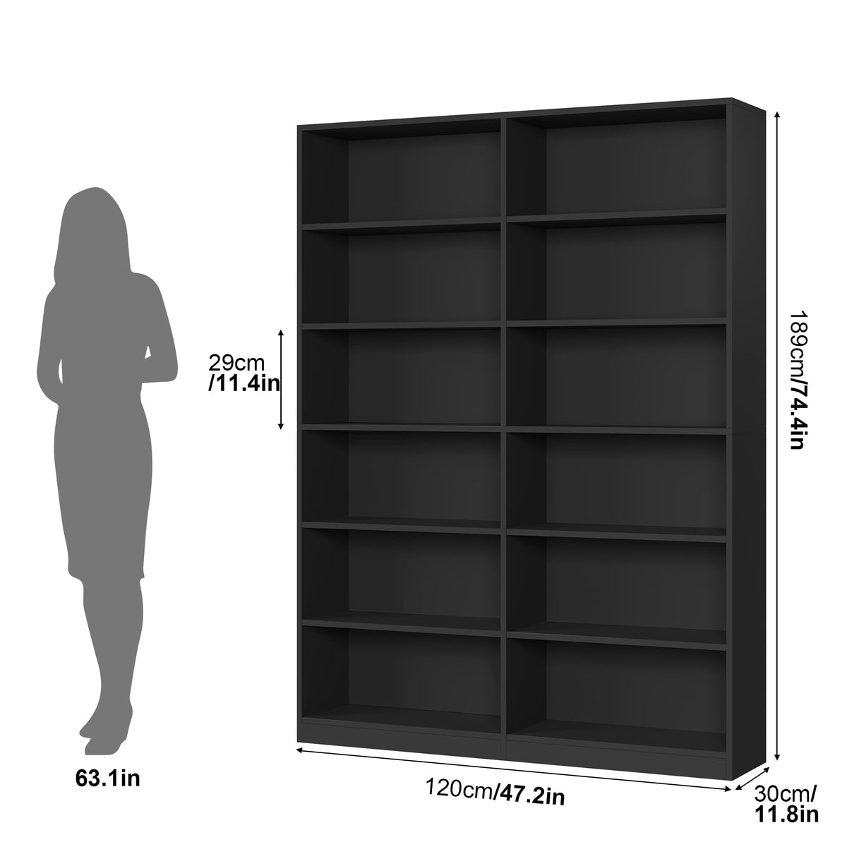 Black 6-Tier Double Wide Bookshelf T731345