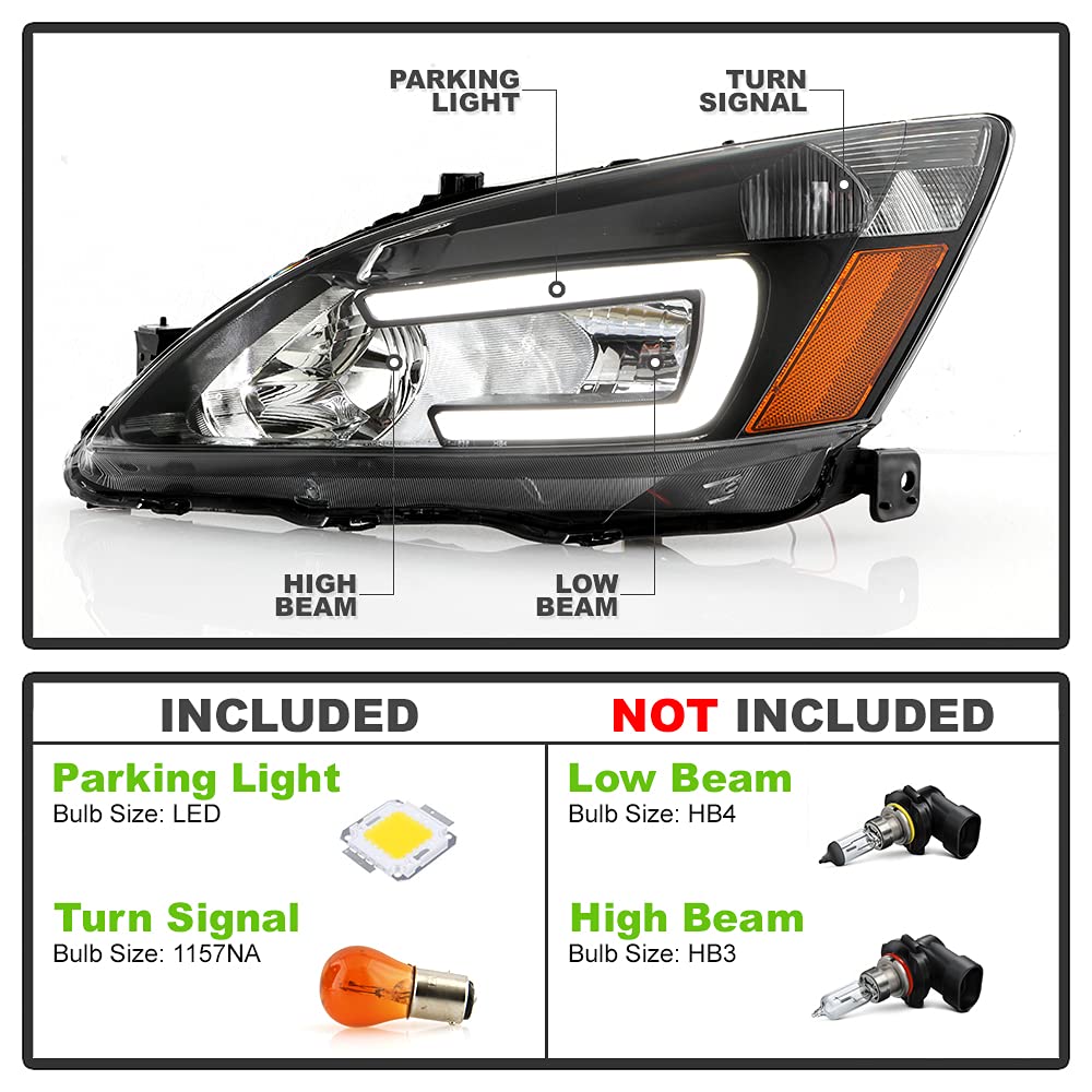 For 2003-2007 Honda Accord Black Housing LED Tube Headlights Assembly Pair Set B11349