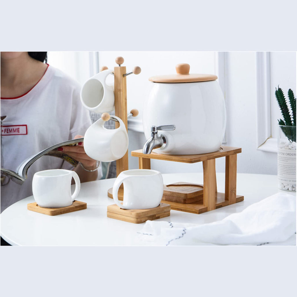 Porcelain Ceramic Crock Water Dispenser with 4 Mugs F87751