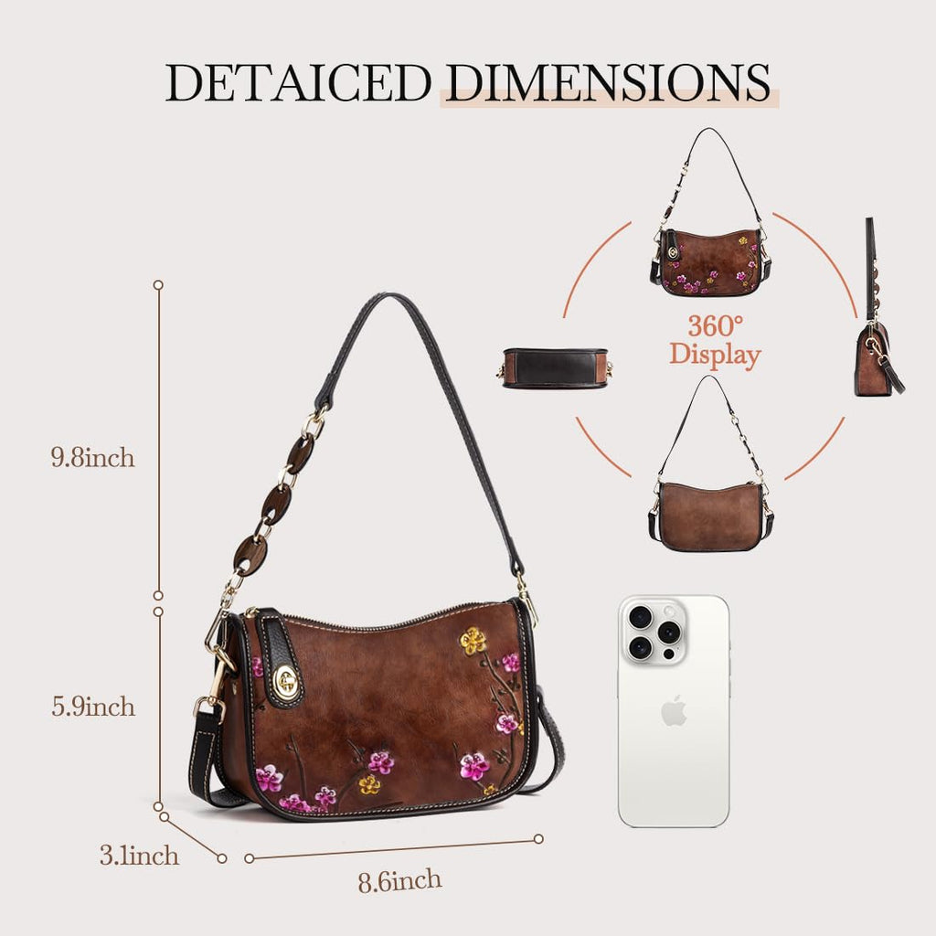 Genuine Leather Flower Embossed Shoulder Bag J7077