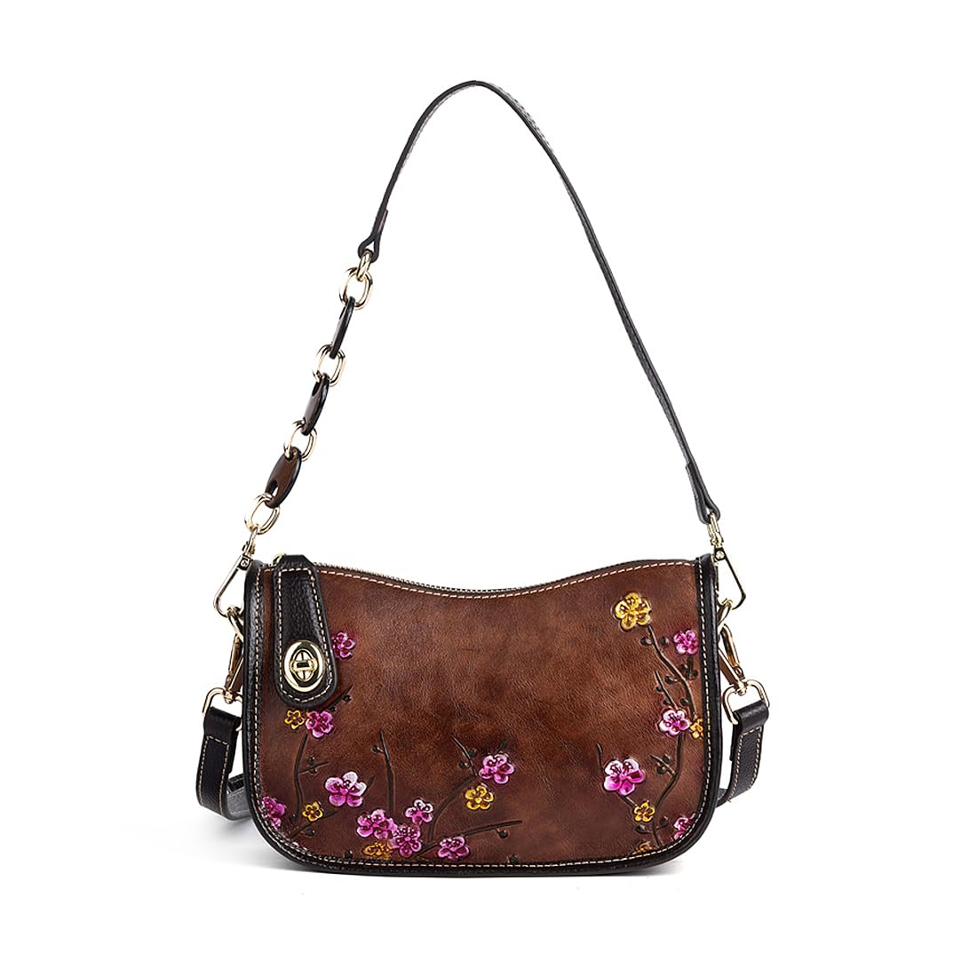 Genuine Leather Flower Embossed Shoulder Bag J7077