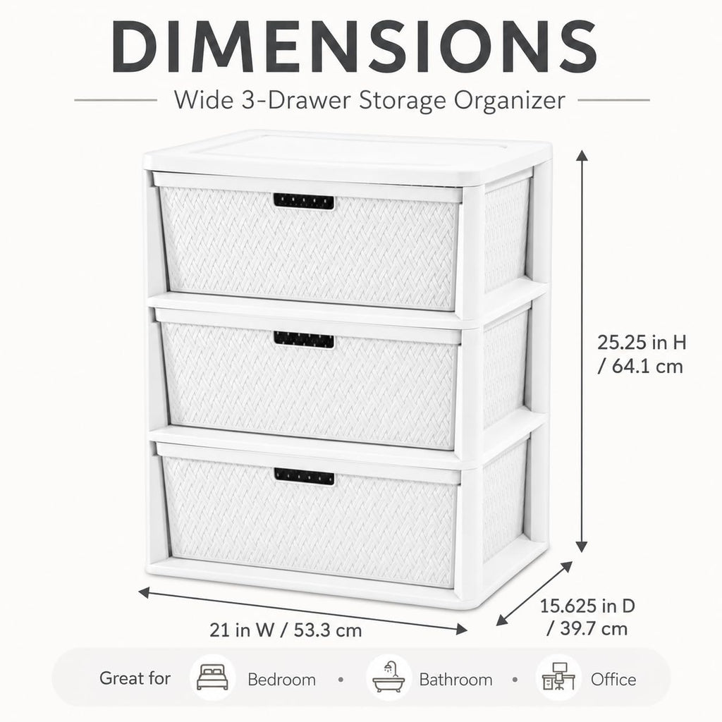 Wide 3-Drawer Plastic Storage Tower with Removable Bins Y46421