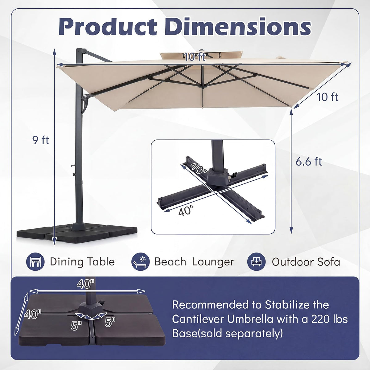10 FT Square Offset Cantilever Patio Umbrella with 360° Rotation D122905