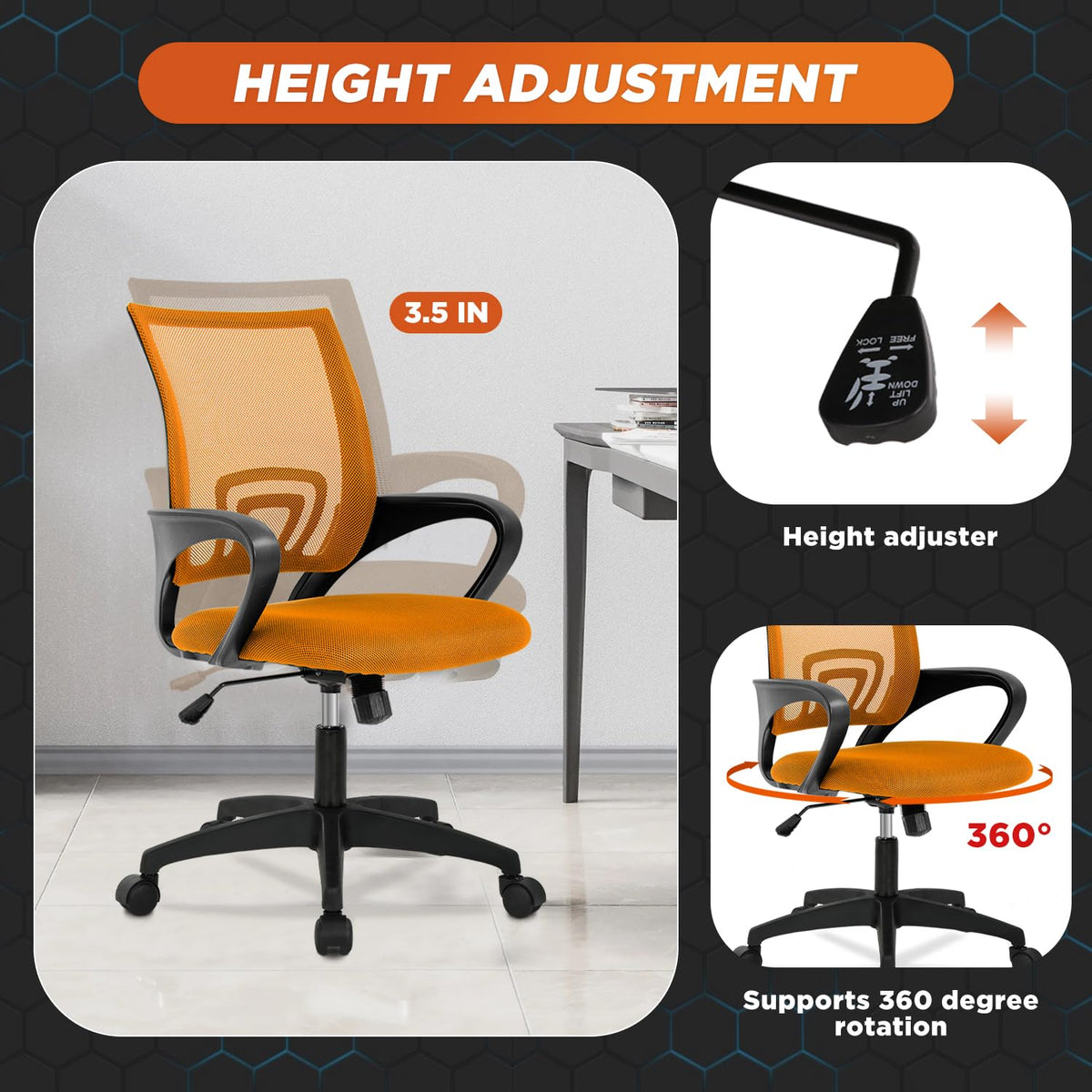 Orange Mesh Ergonomic Office Chair with Lumbar Support R3409