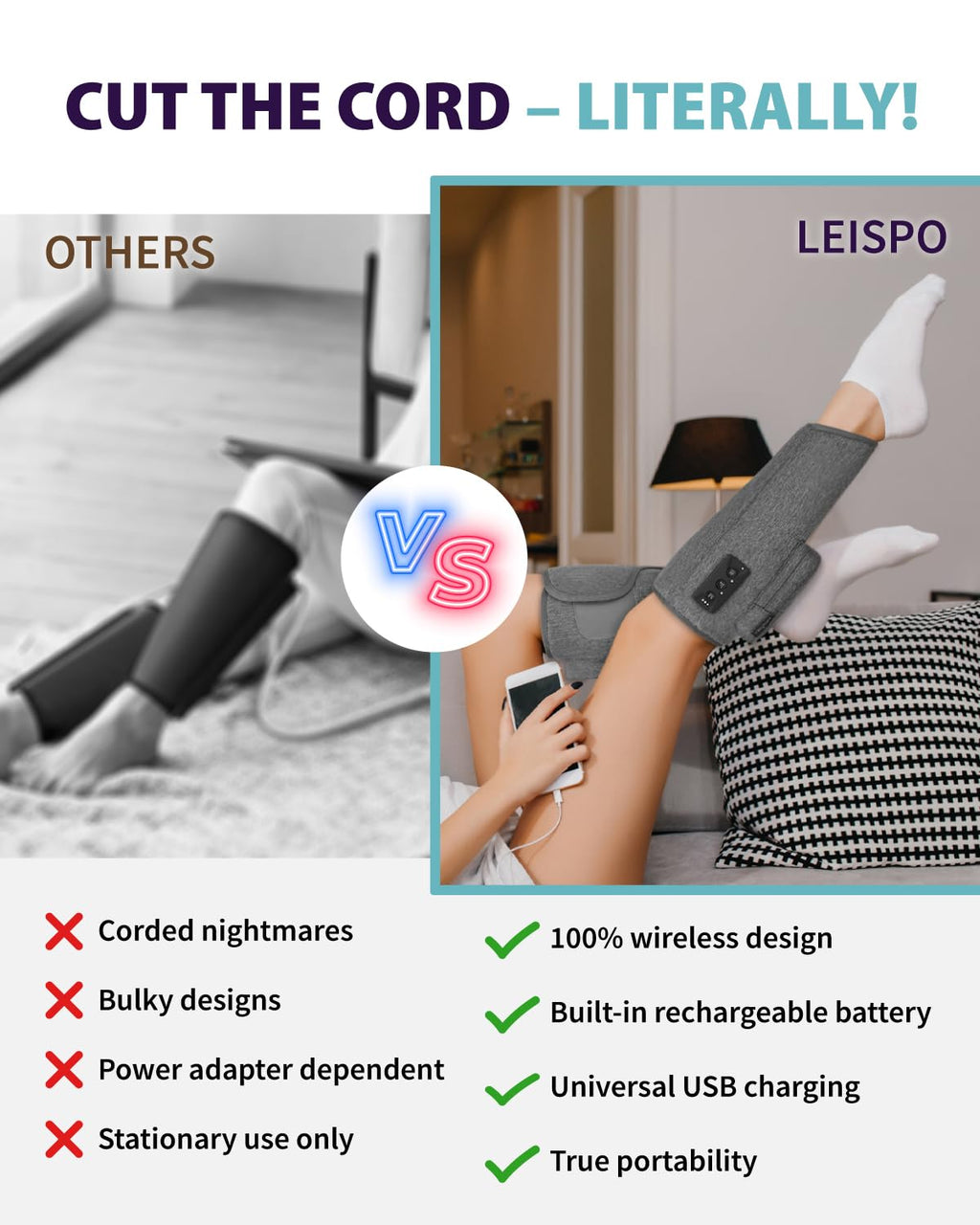Wireless Air Compression Leg Massager with Heat, 4 Modes, Set of 2 G210096