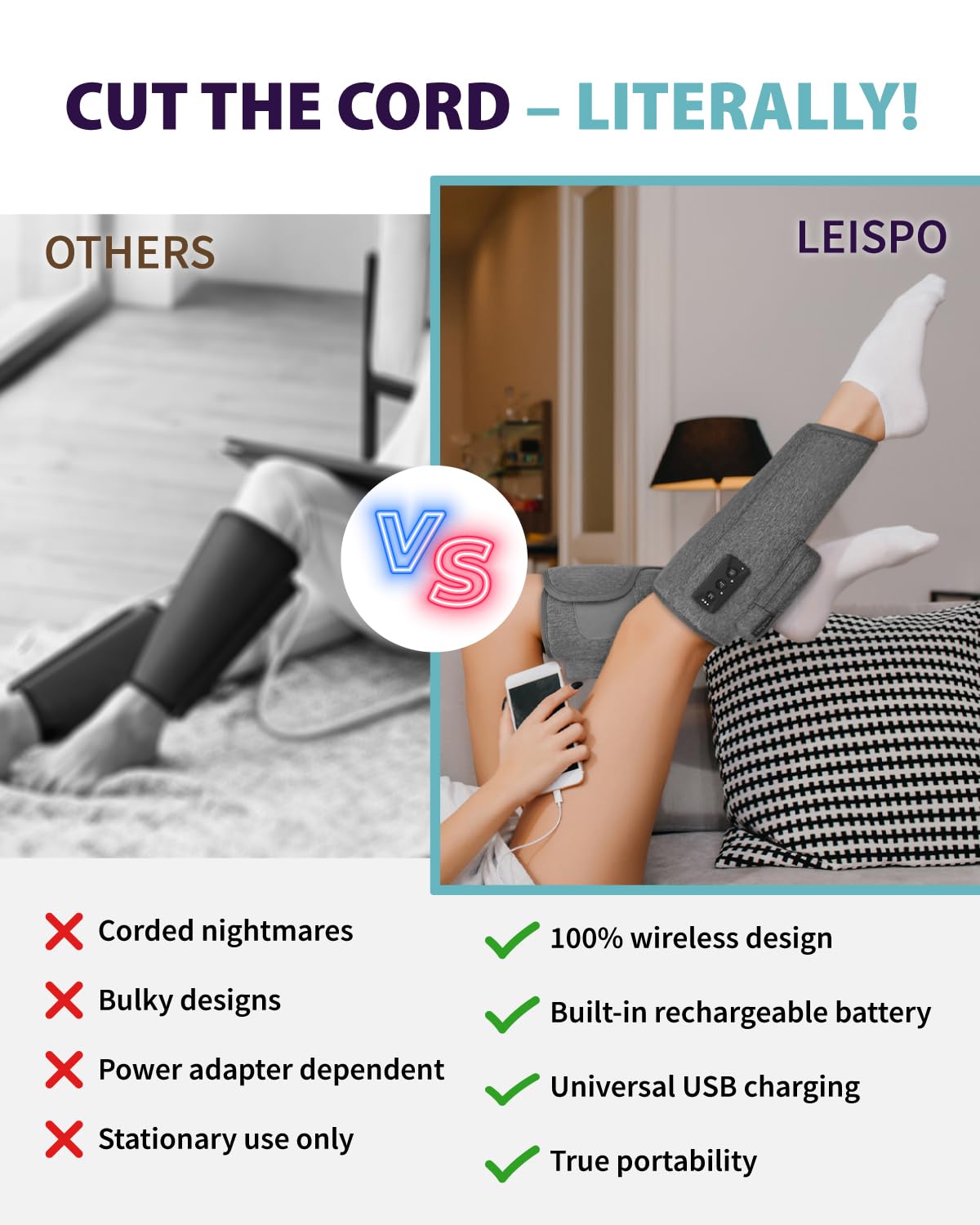 Wireless Air Compression Leg Massager with Heat, 4 Modes, Set of 2 G210096
