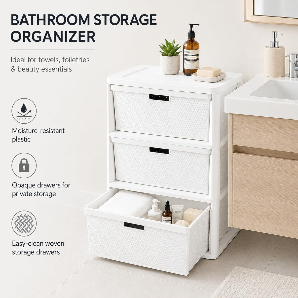 Wide 3-Drawer Plastic Storage Tower with Removable Bins Y46421