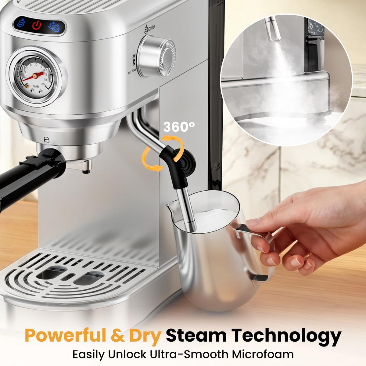 20 Bar Compact Stainless Steel Espresso Machine with Milk Frother D722