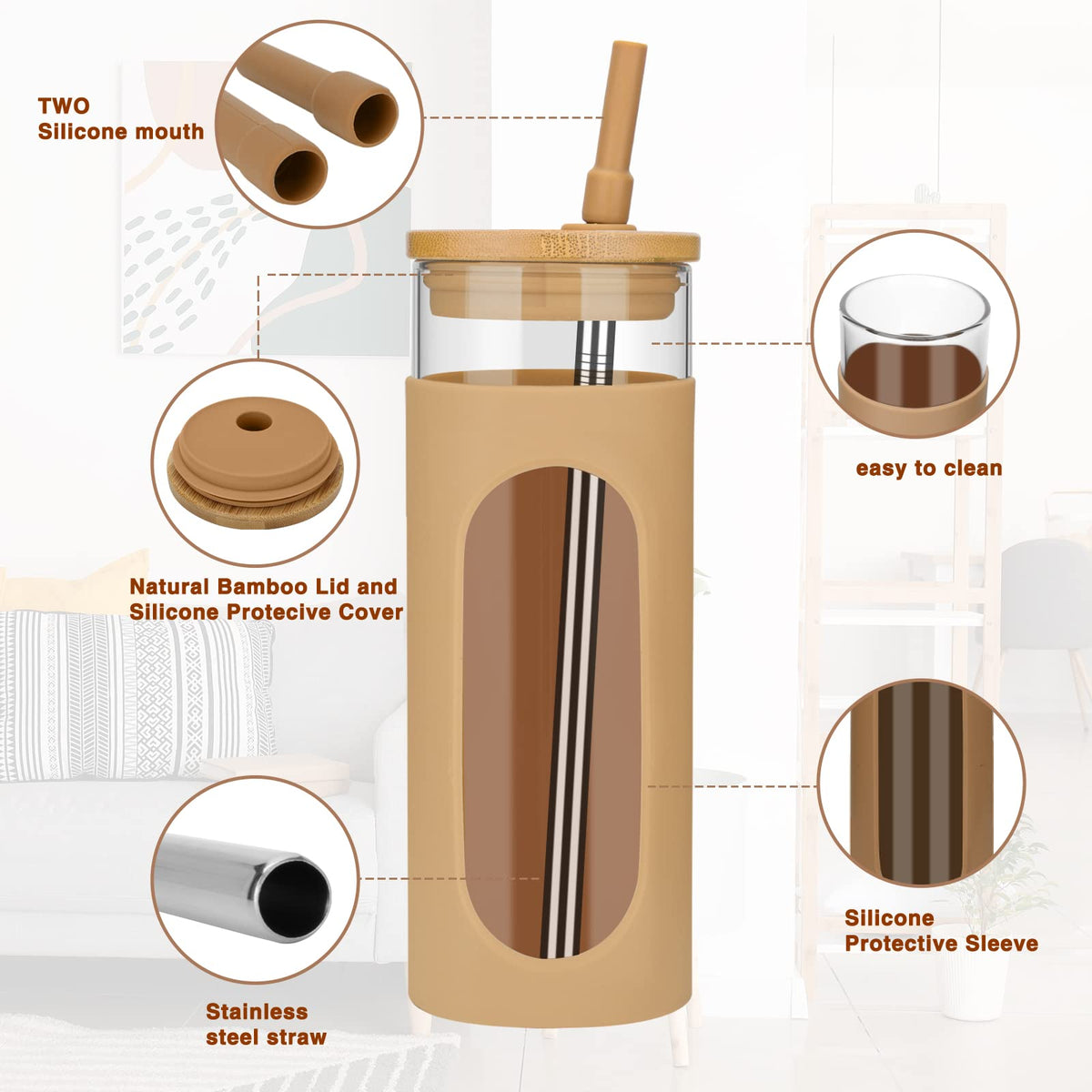 22 oz Glass Tumbler with Lid & Straw E8530