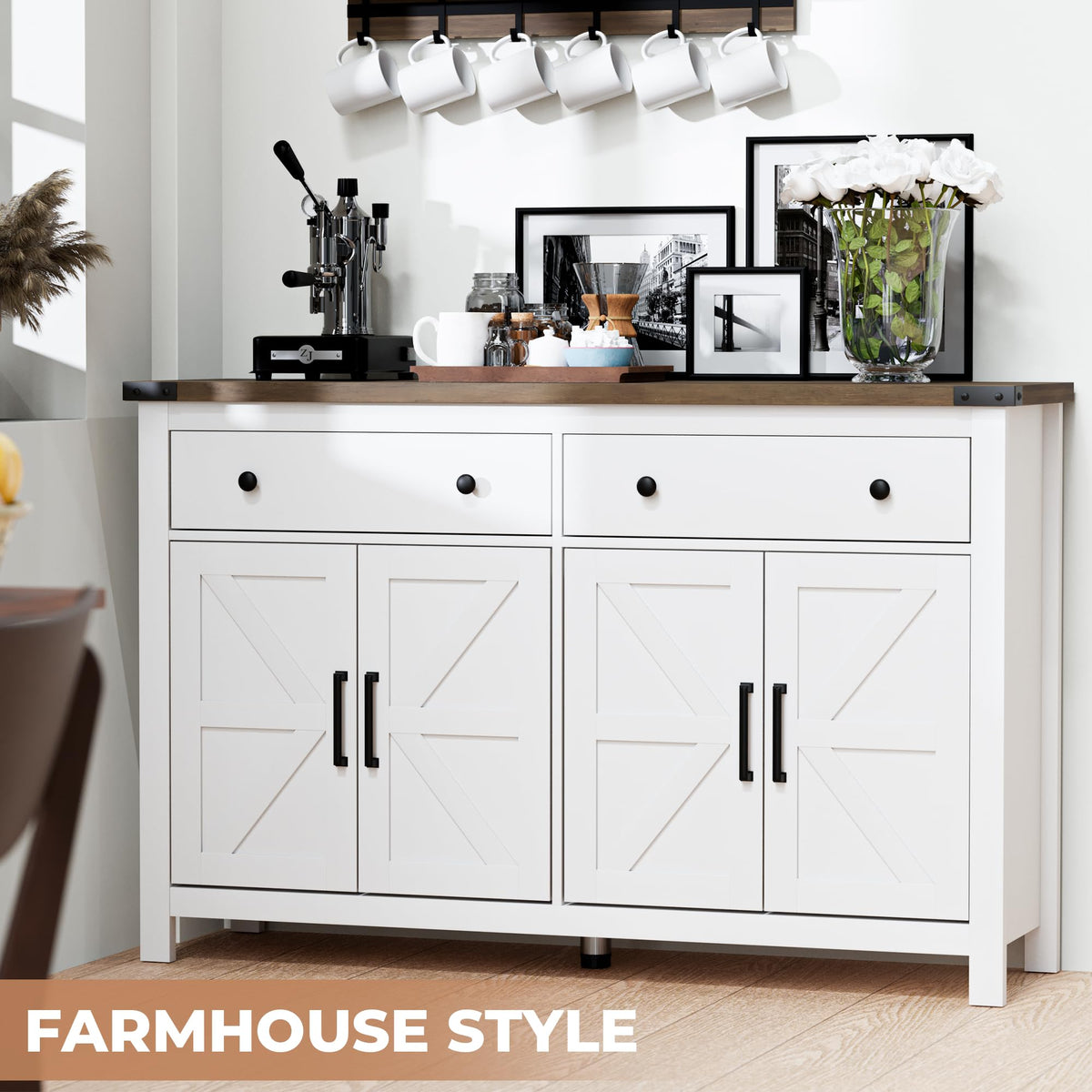 White Wood Buffet Cabinet with 2 Drawers and 4 Barn Doors U6383