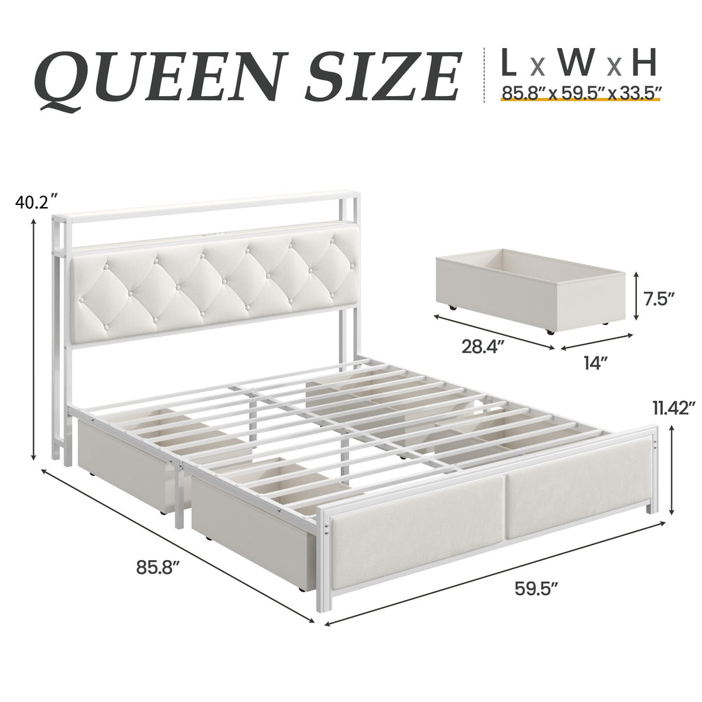 Queen Size Bed Frame with Headboard, Storage Drawers, Charging Station, Led Lights, Metal Structure, Beige E909