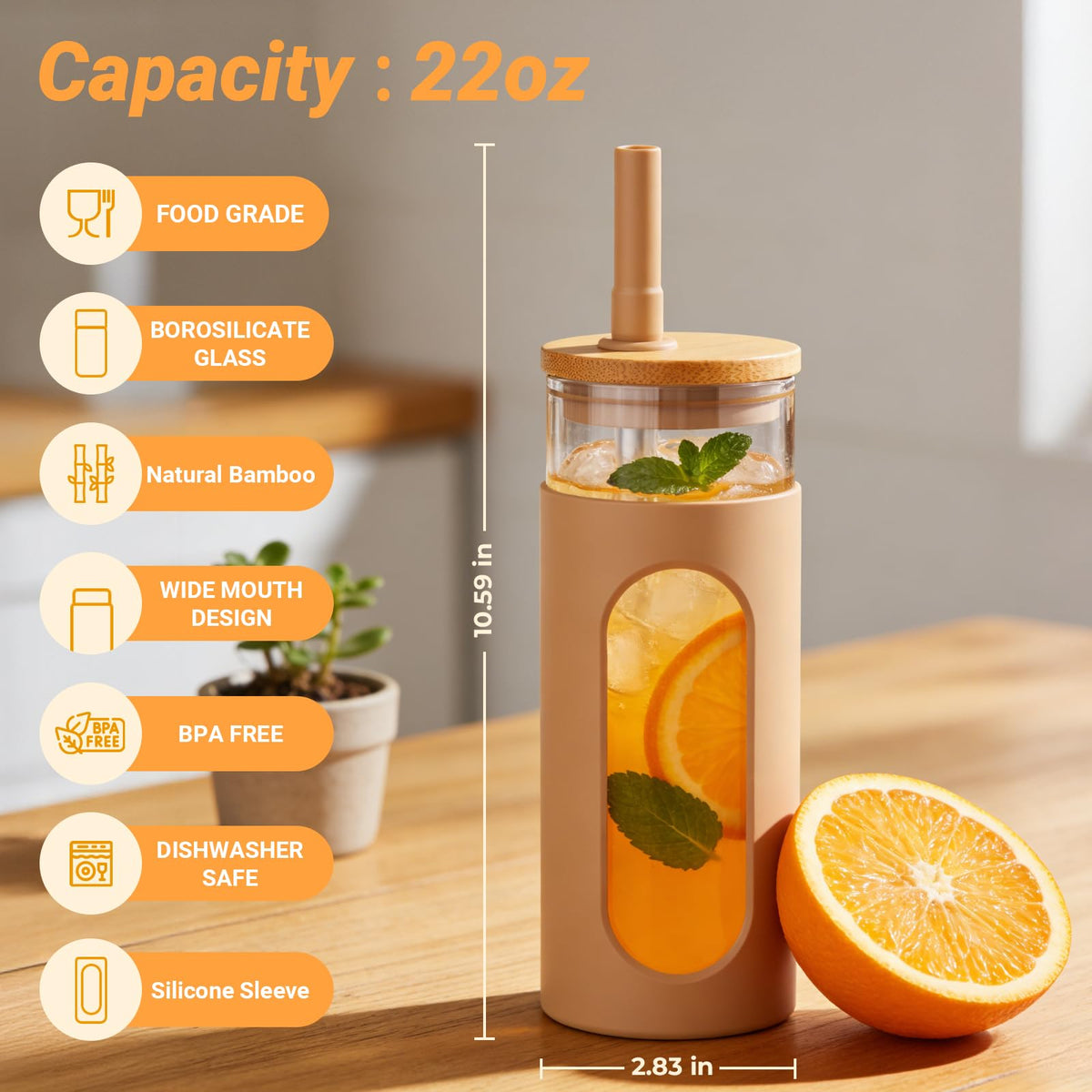 22 oz Glass Tumbler with Lid & Straw E8530