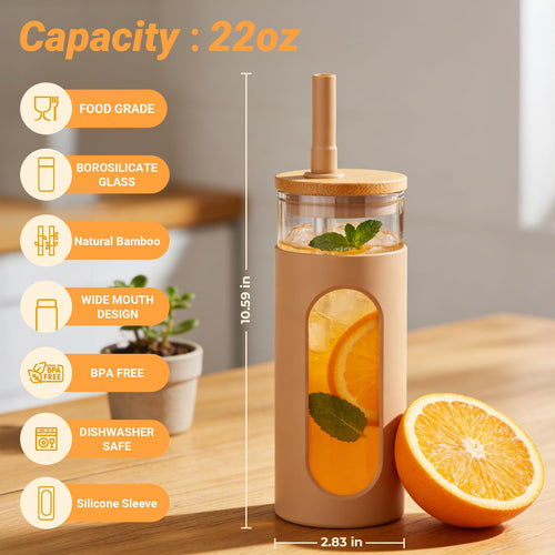 22 oz Glass Tumbler with Lid & Straw E8530