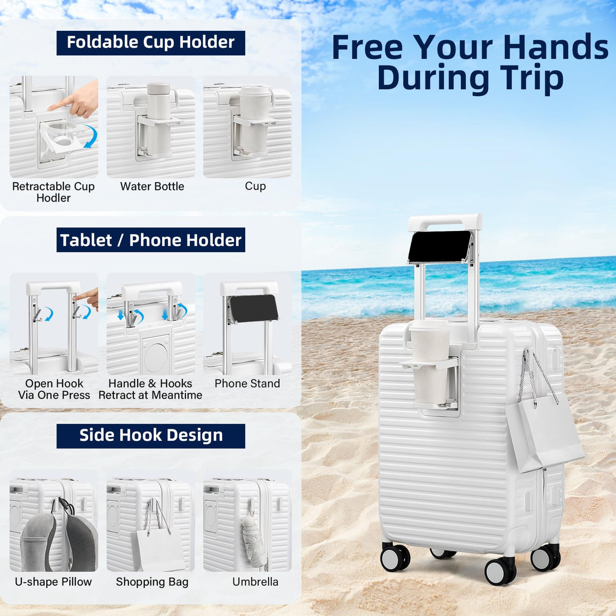 20 Inch White Hard Shell Carry on Luggage with Wheels V241598