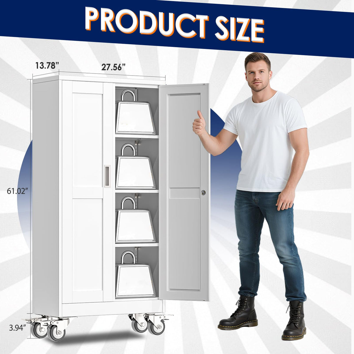 61" Metal Rolling Storage Cabinet with 2 Doors and Wheels O531
