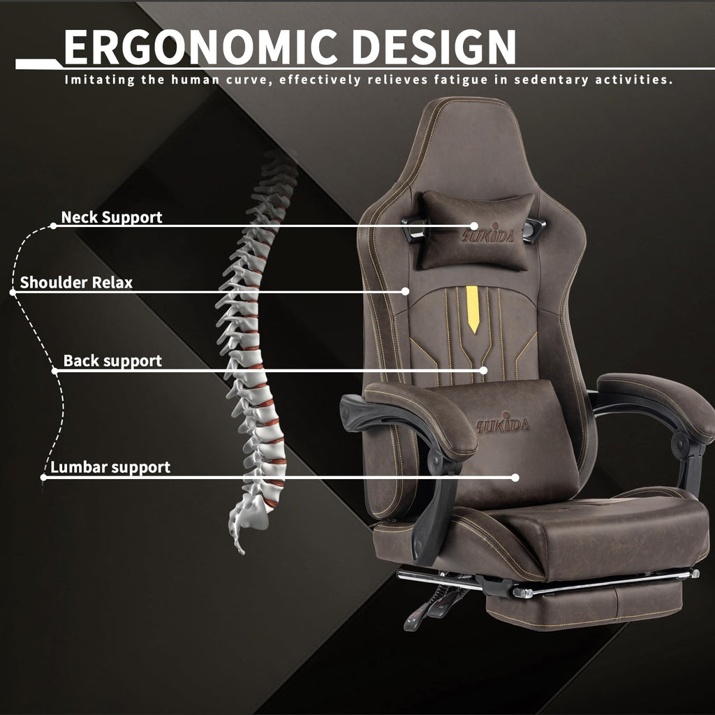 Brown Ergonomic Gaming Chair with Footrest and Massage Lumbar Cushion T3876