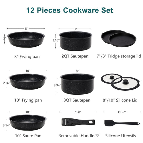 12-Piece Nonstick Cookware Set with Detachable Handle, Black Z1868