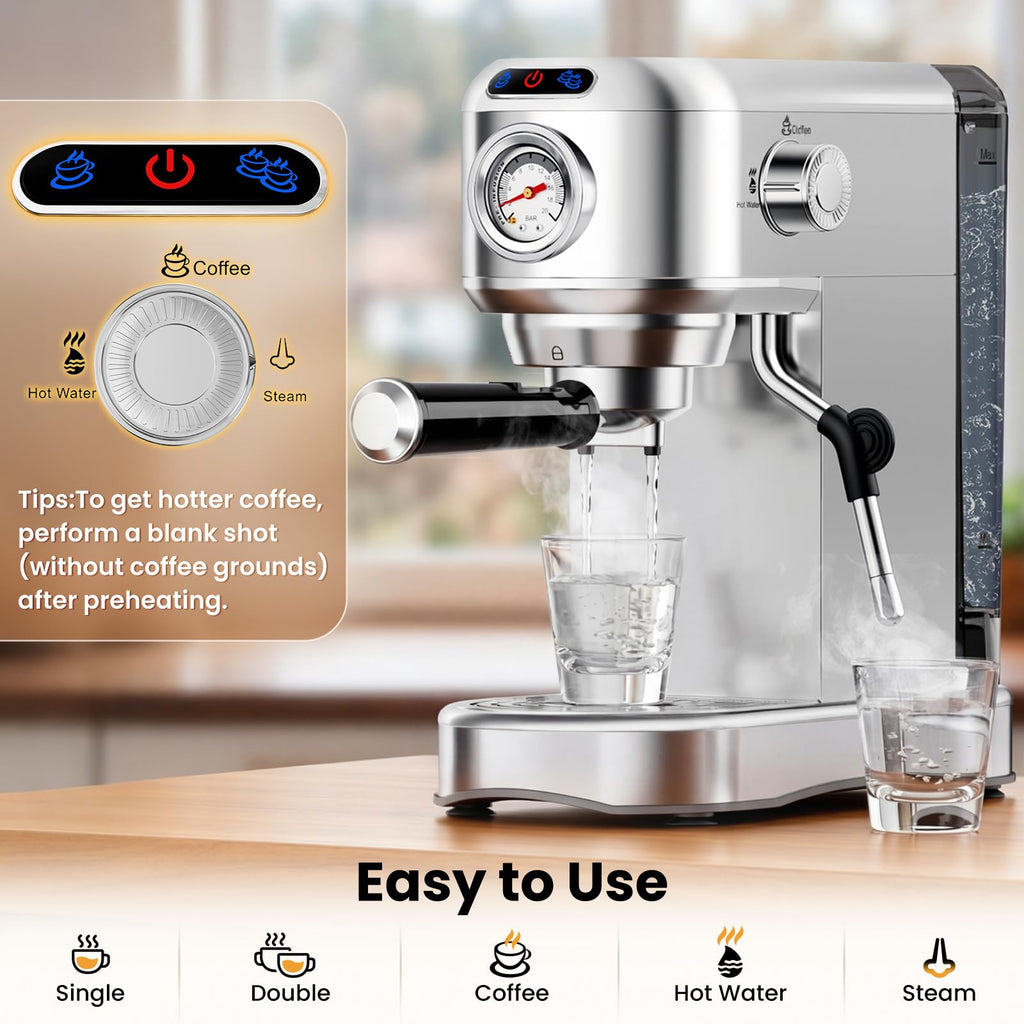 20 Bar Compact Stainless Steel Espresso Machine with Milk Frother D722