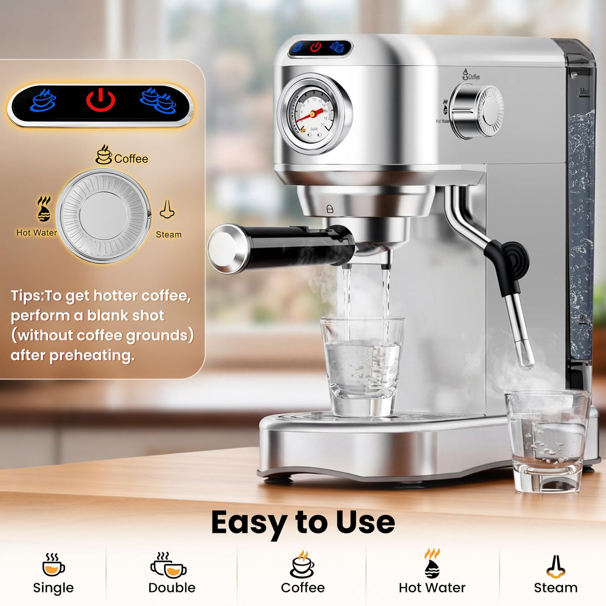 20 Bar Compact Stainless Steel Espresso Machine with Milk Frother D722