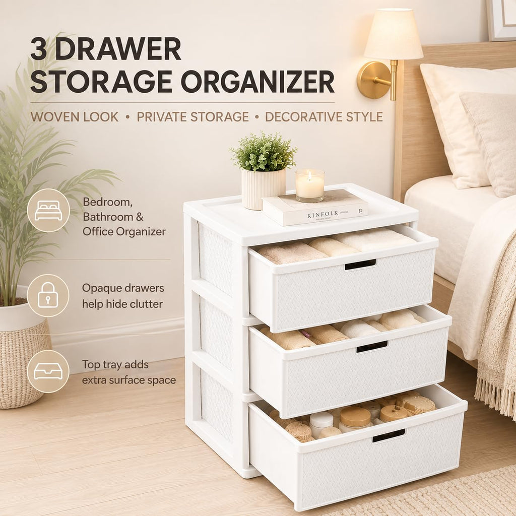 Wide 3-Drawer Plastic Storage Tower with Removable Bins Y46421