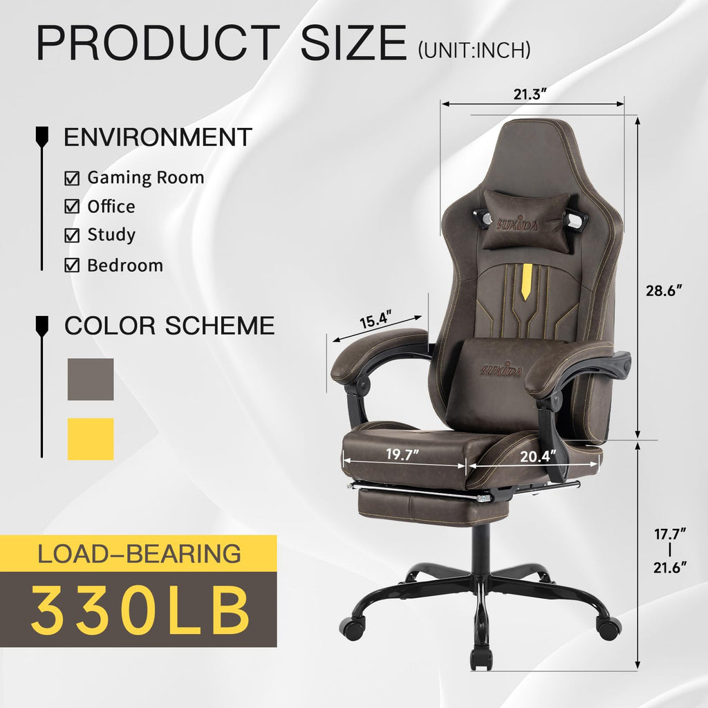 Brown Ergonomic Gaming Chair with Footrest and Massage Lumbar Cushion T3876