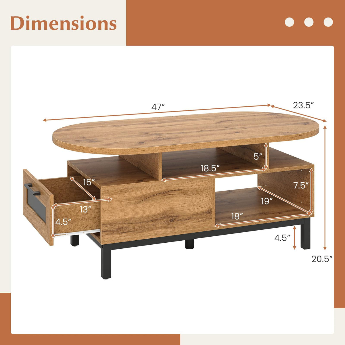 47" Oval Wood Coffee Table with Storage U588