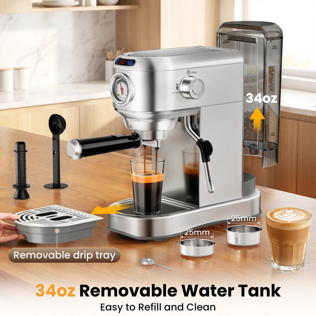 20 Bar Compact Stainless Steel Espresso Machine with Milk Frother D722