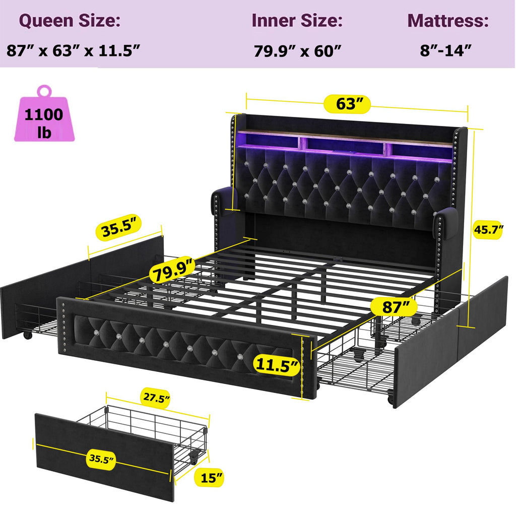 Queen Size Velvet Upholstered Platform Bed with 4 Storage Drawers C485057