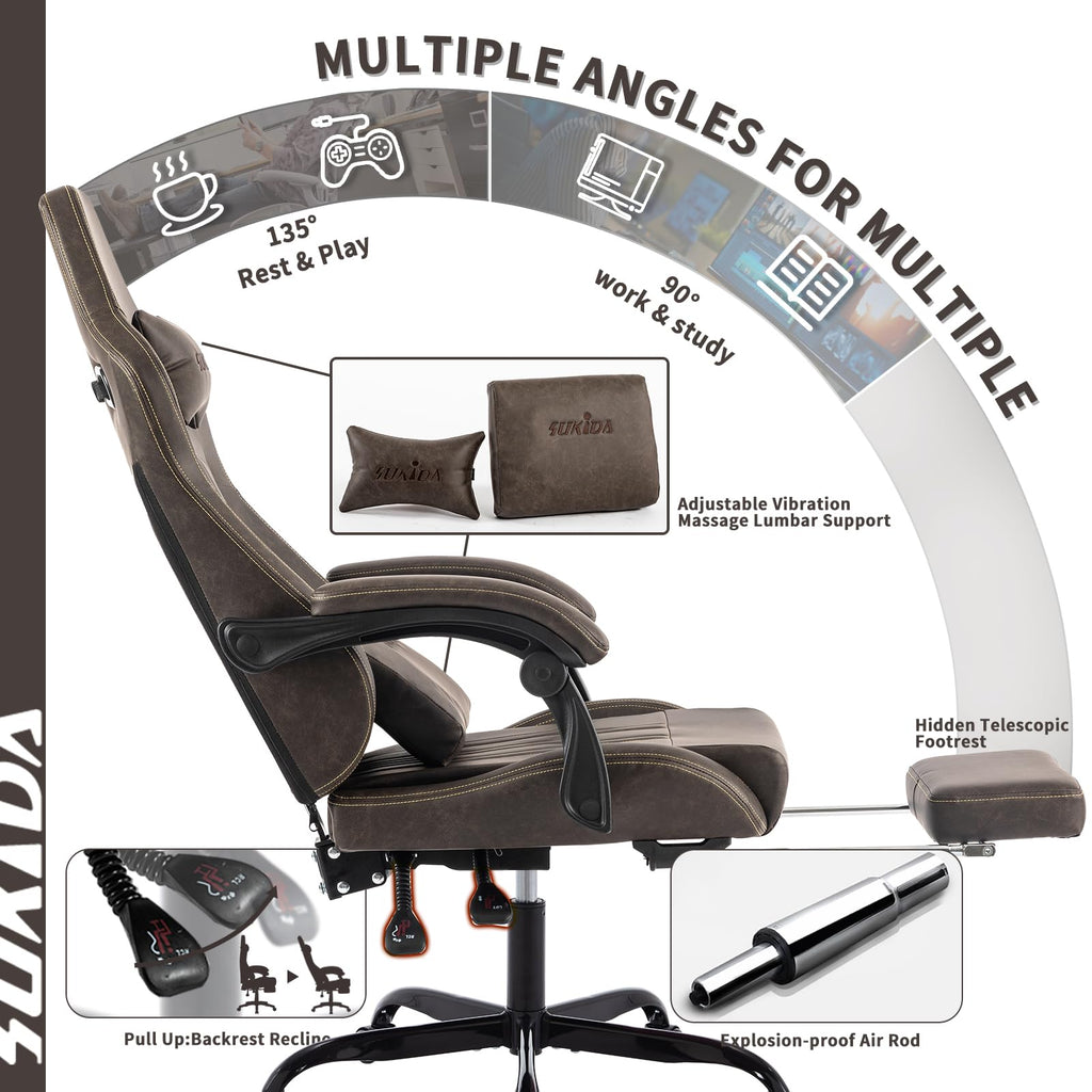 Brown Ergonomic Gaming Chair with Footrest and Massage Lumbar Cushion T3876
