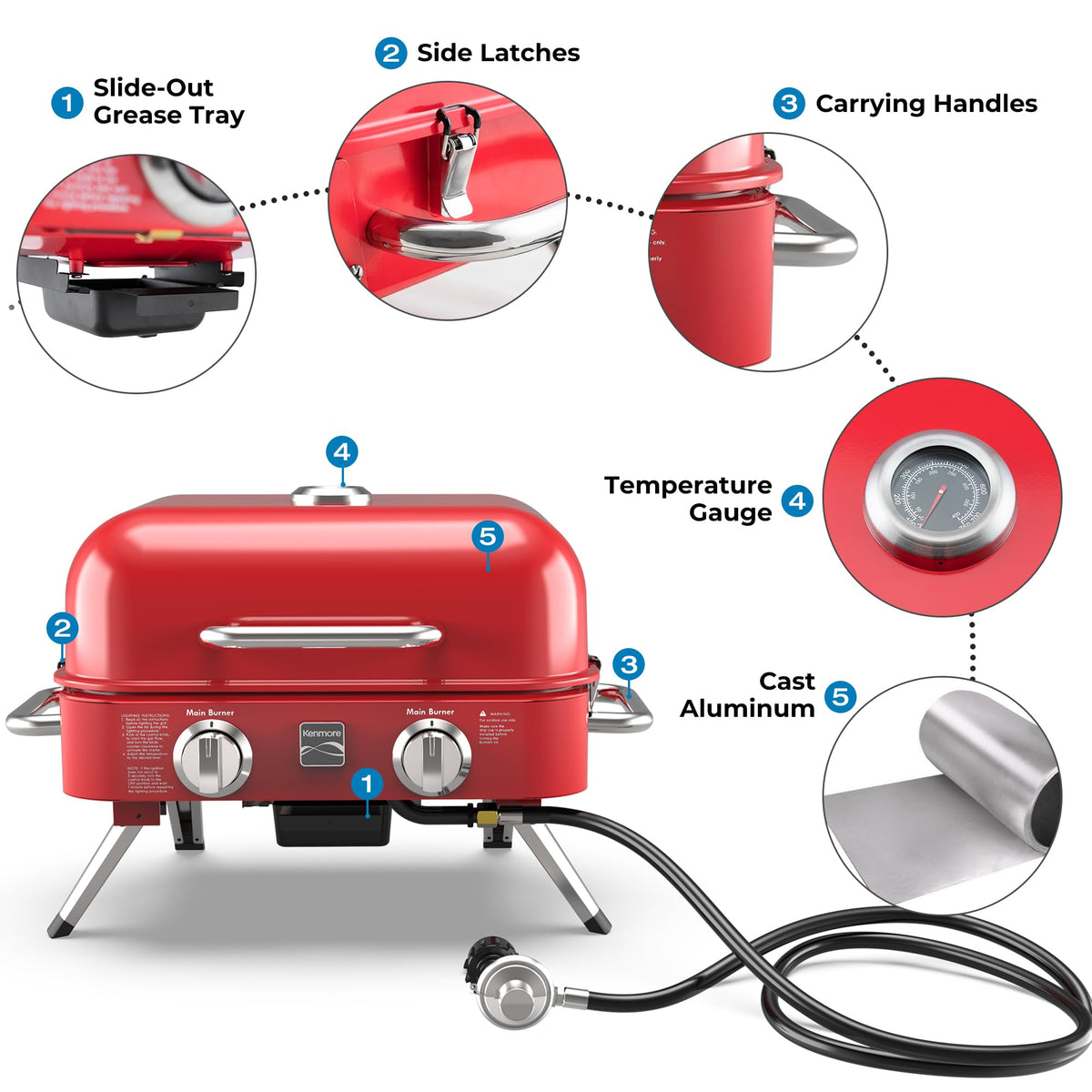 Portable Propane Gas Grill with Warming Rack, 2 Stainless Steel Burners, 14,000 BTUs, Red E7580