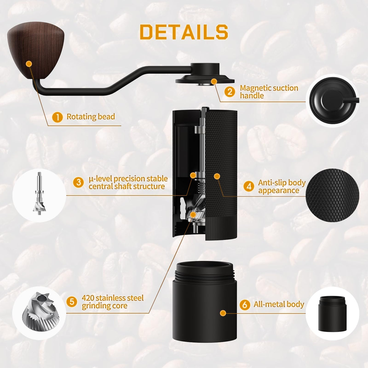 Manual Coffee Grinder 25g Stainless Steel Conical Burr Black G675