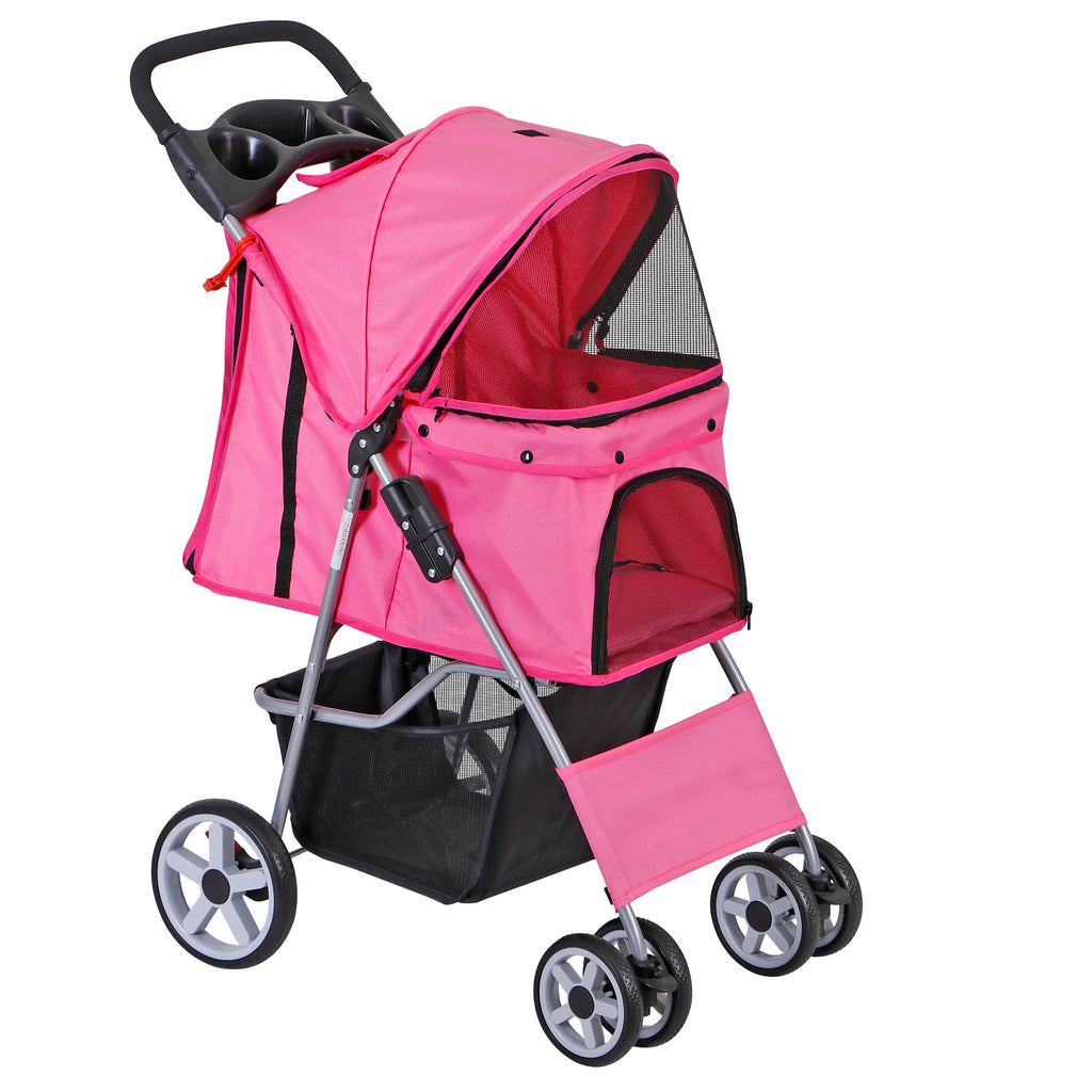 4 Wheels Folding Dog Stroller with Storage Basket, Pink C55872