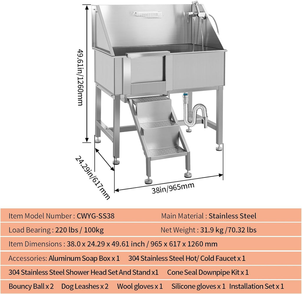38" Stainless Steel Dog Grooming Tub with Ramp I253276