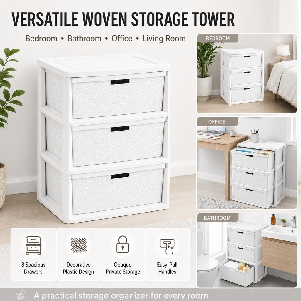 Wide 3-Drawer Plastic Storage Tower with Removable Bins Y46421