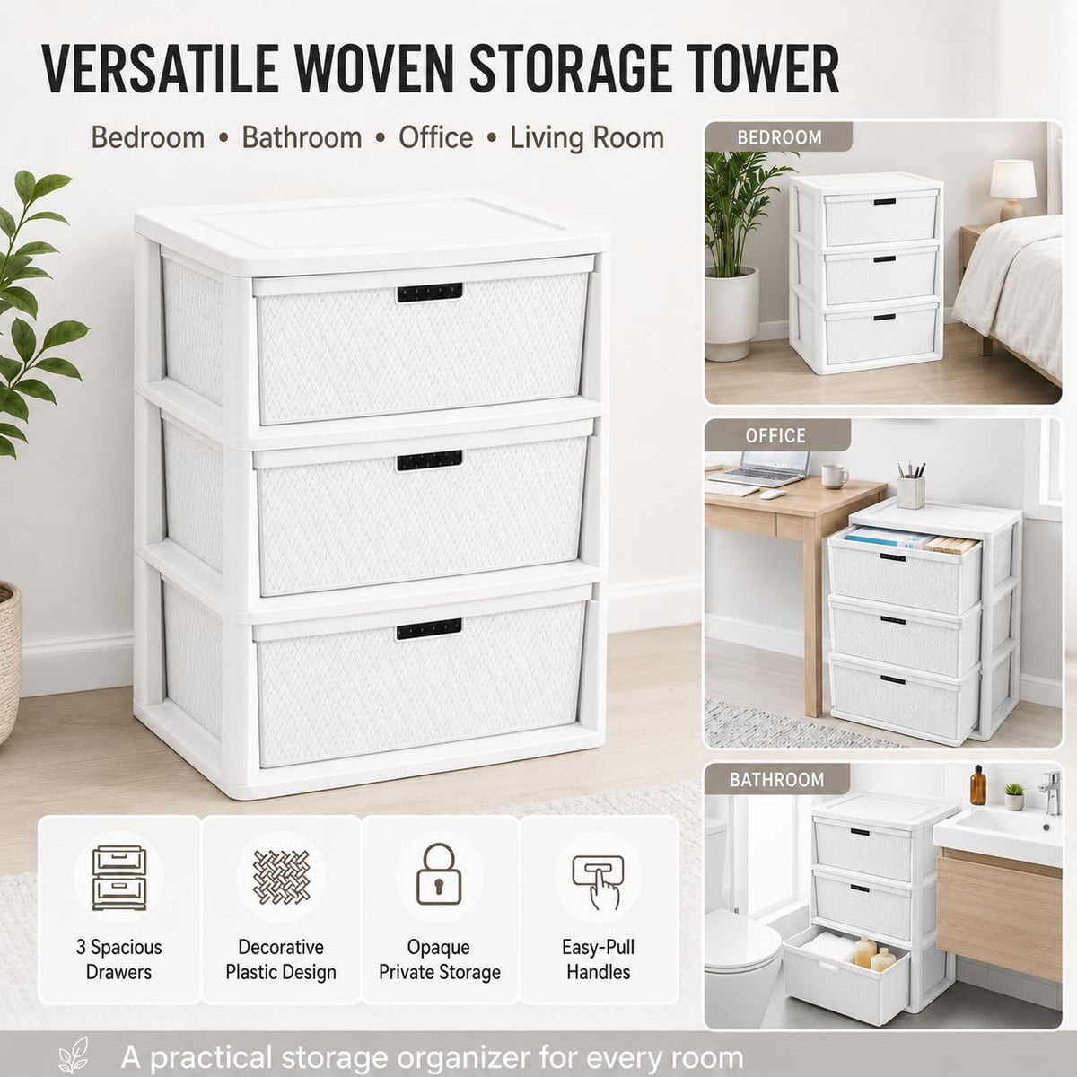 Wide 3-Drawer Plastic Storage Tower with Removable Bins Y46421