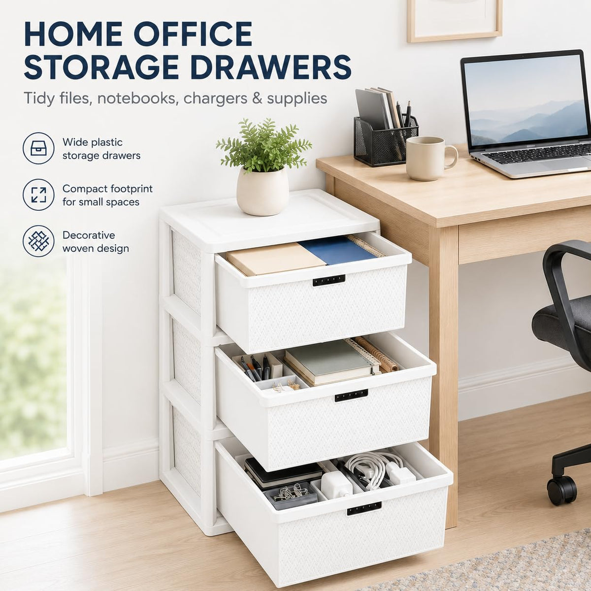 Wide 3-Drawer Plastic Storage Tower with Removable Bins Y46421