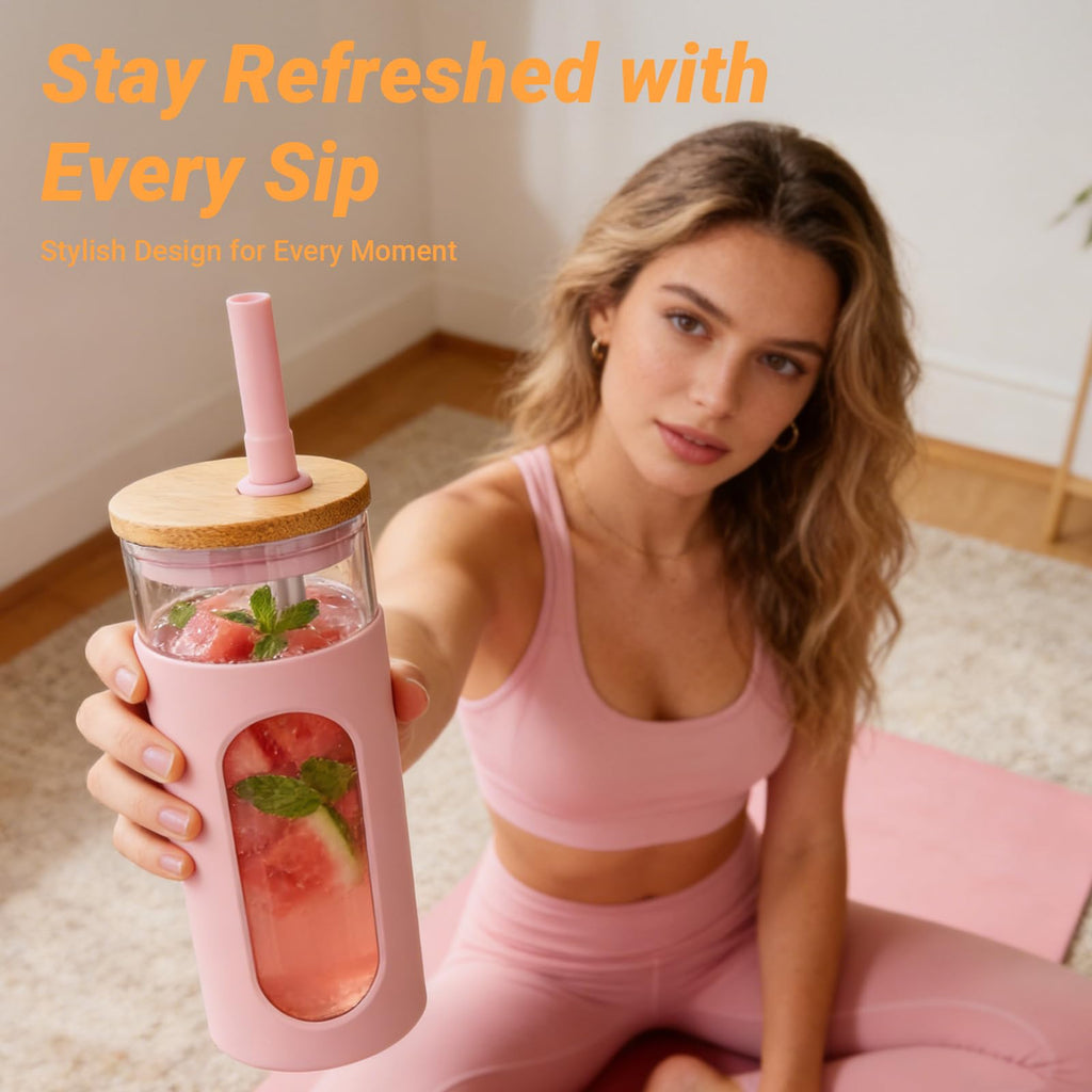 22 oz Glass Tumbler with Lid & Straw E8530