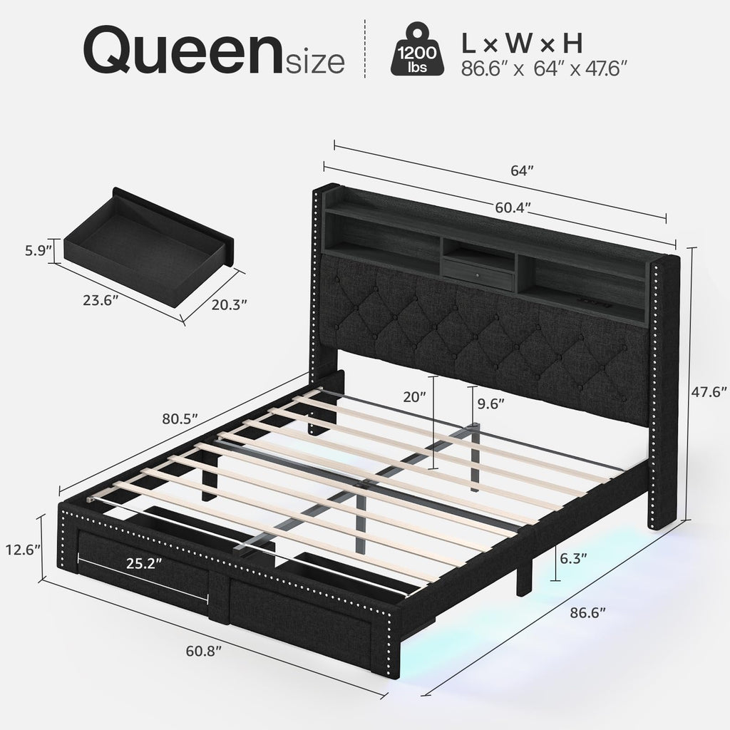 Queen Size Black Upholstered Platform Bed Frame with Storage Headboard and 2 Drawers E5113