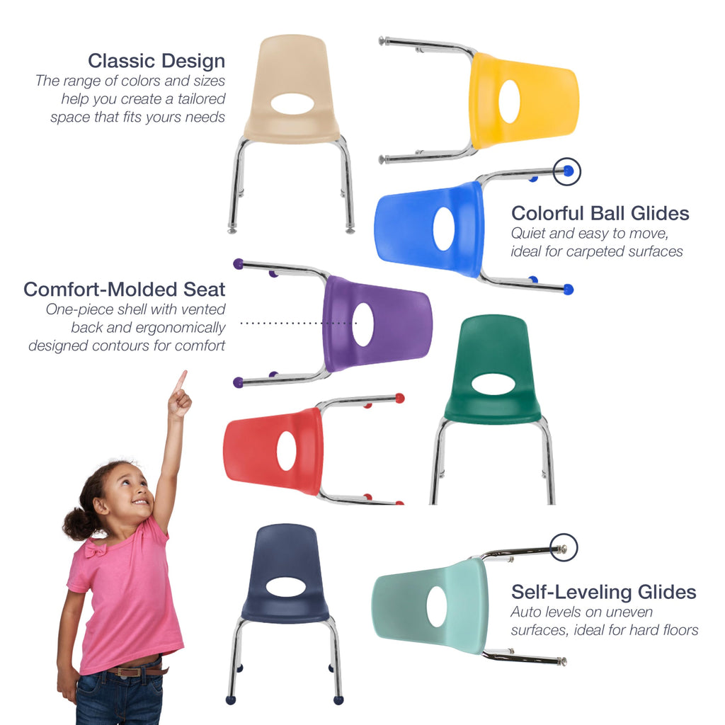 12" School Stack Chair with Ball Glides, Navy, 6-Pack W460